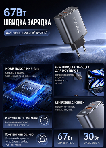Мережевий зарядний пристрій REMAX U2-AC67W 67W GaN, USB Type-C + USB-A, цифровий дисплей Мережевий зарядний пристрій REMAX U2-AC67W 67W GaN, USB Type-C + USB-A, цифровий дисплей
